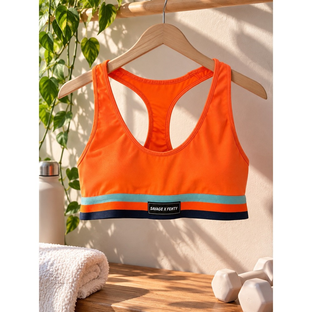 Savage X Fenty Womens Neon Orange Racerback Sports Bra Striped Band Small